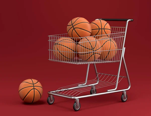 赤い背景にショッピングカートでバスケットボール アメリカンフットボール ゴルフのようなボールのセット チームゲームをプレイするためのスポーツアクセサリーの3Dレンダリング — ストック写真