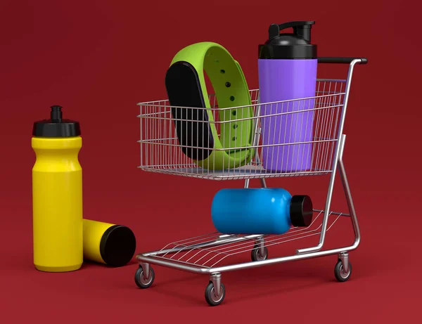 Sport Equipment Sport Shaker Protein Drink Shopping Cart Red Background — Stock Photo, Image