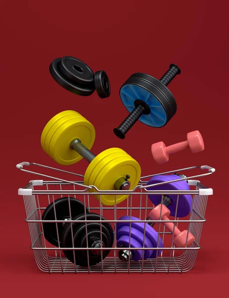 Stock image Sport equipment for fitness, gym, crossfit in shopping basket on red background. 3d render of power lifting and fitness concept