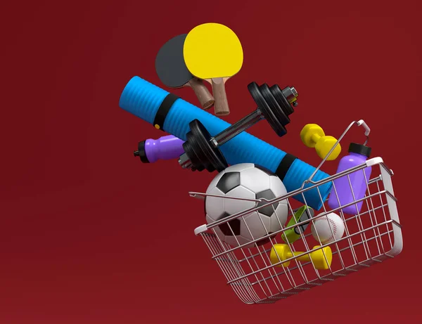 Sport equipment for fitness, gym, crossfit in shopping cart on red background. 3d render of power lifting and fitness concept