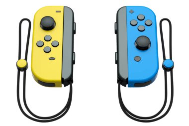 Beyaz arka planda ipte taşınabilir video oyun kontrolörleri var. Çevrimiçi oyun için akıllı telefon için 3B oyun alanı oluşturma