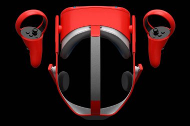 Sanal gerçeklik gözlükleri ve çevrimiçi ve siyah arka plandaki bulut oyunları için kontrolörler. Artırılmış gerçeklikte sanal tasarım için 3B görüntüleme aygıtı veya VR içindeki sanal oyun