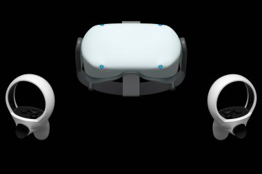 Sanal gerçeklik gözlükleri ve çevrimiçi ve siyah arka plandaki bulut oyunları için kontrolörler. Artırılmış gerçeklikte sanal tasarım için 3B görüntüleme aygıtı veya VR içindeki sanal oyun