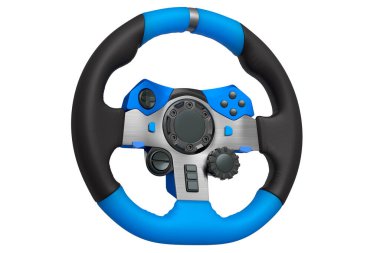 Beyaz arka planda izole edilmiş gerçekçi deri direksiyon. Bulut oyun ve yarış ya da oyun alanı konsepti için 3 boyutlu yayın donanımı