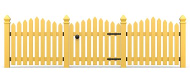 Beyaz arkaplandaki tahta çitler objeleri ayırıyor. Arka bahçede 3D güvenlik ya da ayrılma kavramı