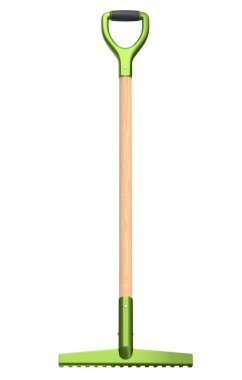 Beyaz arka planda izole edilmiş saman hasadı için ahşap saplı tırmık. Çiftlik ve hasat için 3D bahçe aleti ve ekipmanı