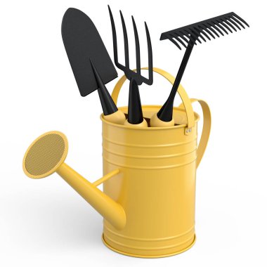 Beyaz arka planda kürek, tırmık ve çatal gibi bahçe aletleriyle sulama tenekesi. 3D bahçe işleri ve tarım malzemeleri kavramı