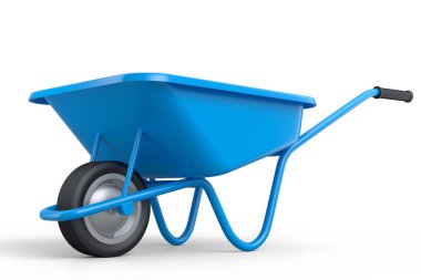 Bahçe arabası beyaz arka planda izole edilmiş. El arabası ya da direksiyonlu bir araba. Kargo taşımacılığı için 3D tarım bahçesi oluşturma aracı.