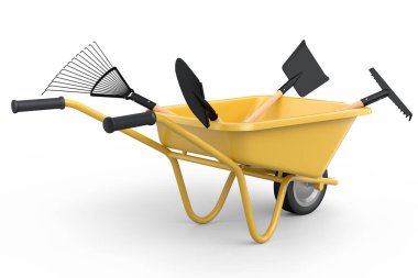 Bahçe el arabası, arka planda kürek, tırmık ve çatal gibi aletlerle. El arabası ya da direksiyonlu bir araba. Kargo taşımacılığı için 3D tarım bahçesi oluşturma aracı.