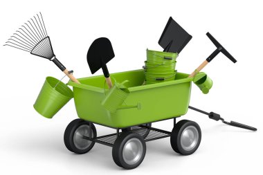 Bahçe el arabası, kürek, su kovası ve beyaz arka planda çatal gibi aletler. El arabası ya da direksiyonlu bir araba. Kargo taşımacılığı için 3D tarım bahçesi oluşturma aracı.