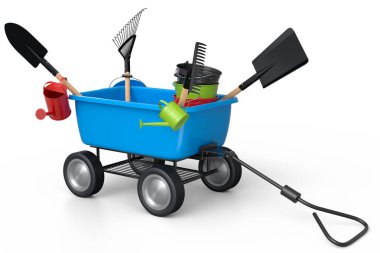 Bahçe el arabası, kürek, su kovası ve beyaz arka planda çatal gibi aletler. El arabası ya da direksiyonlu bir araba. Kargo taşımacılığı için 3D tarım bahçesi oluşturma aracı.