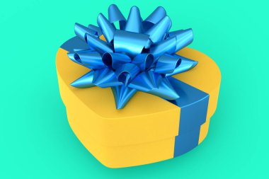 Yeşil arka planda izole edilmiş kurdele ve yay şeklinde kalp hediye kutuları. 3D karşılama tasarımı konsepti: Doğum günü, Noel, Kara Cuma, Yeni Yıl