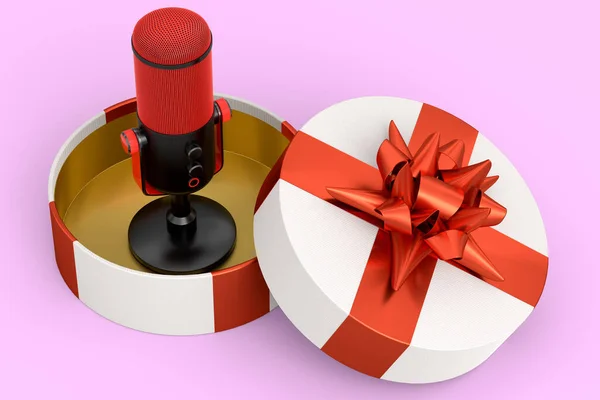Pudełka Mikrofonem Wstążką Łukiem Odizolowane Różowym Tle Renderowania Koncepcji Projektowania — Zdjęcie stockowe