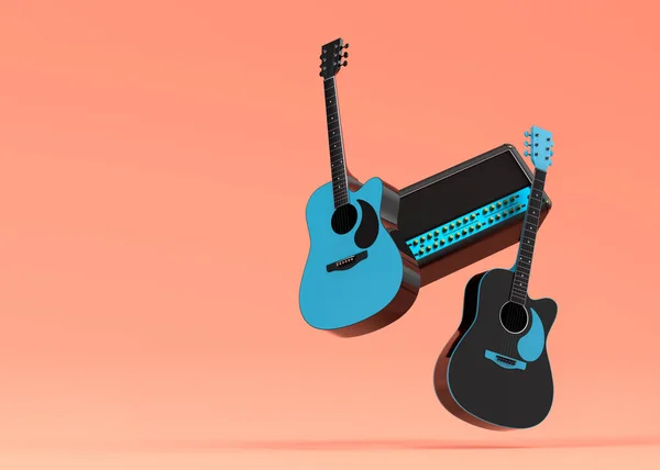 Set Von Verstärkern Für Elektrische Akustische Gitarren Auf Korallenfarbenem Hintergrund — Stockfoto