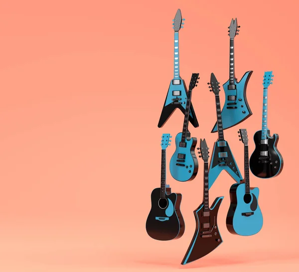 Conjunto Guitarras Acústicas Eléctricas Aisladas Sobre Fondo Coral Render Concept — Foto de Stock