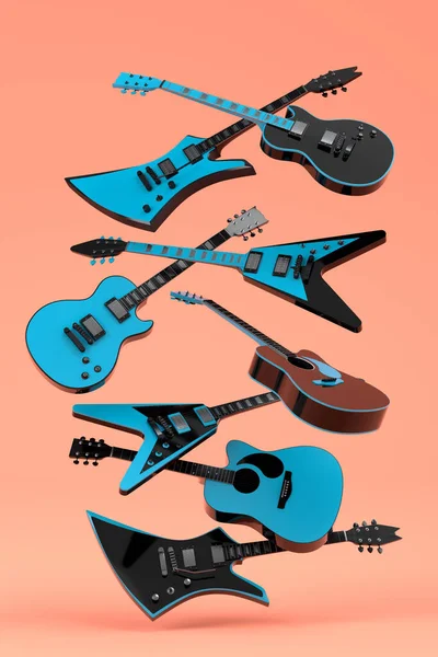 Elektrische Akustikgitarren Isoliert Auf Korallenfarbenem Hintergrund Konzept Für Rockfestival Poster — Stockfoto