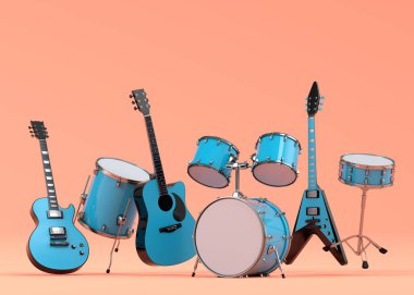 Elektrikli akustik gitarlar ve mercan zemininde metal ziller olan davullar. Rock festivali posteri için üç boyutlu müzik enstrümanı, davul makinesi ve bateri prodüksiyonu.