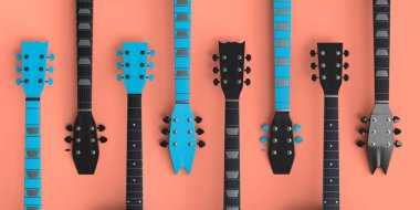 Mercan zemin üzerinde izole edilmiş elektrikli akustik gitar seti. Müzik dükkanı için heavy metal gitarlı 3D rock festivali posteri.