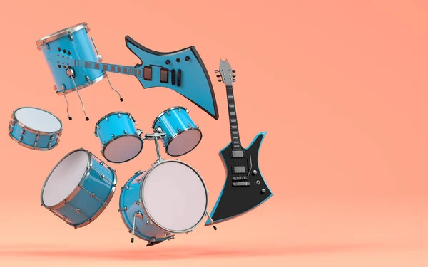 Elektrikli Akustik Gitarlar Mercan Zemininde Metal Ziller Olan Davullar Rock — Stok fotoğraf