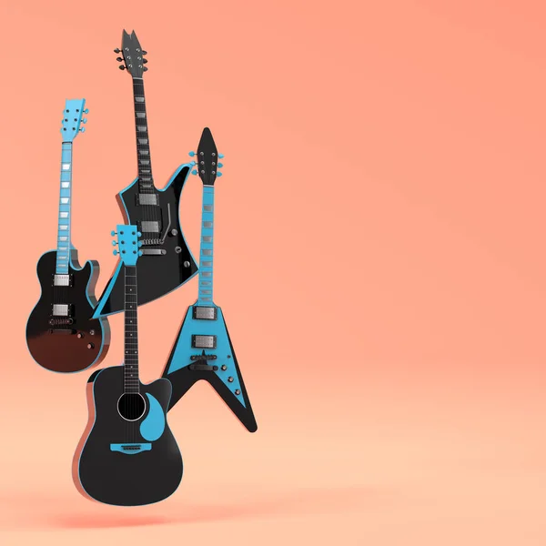 Elektrische Akustikgitarren Isoliert Auf Korallenfarbenem Hintergrund Konzept Für Rockfestival Poster — Stockfoto