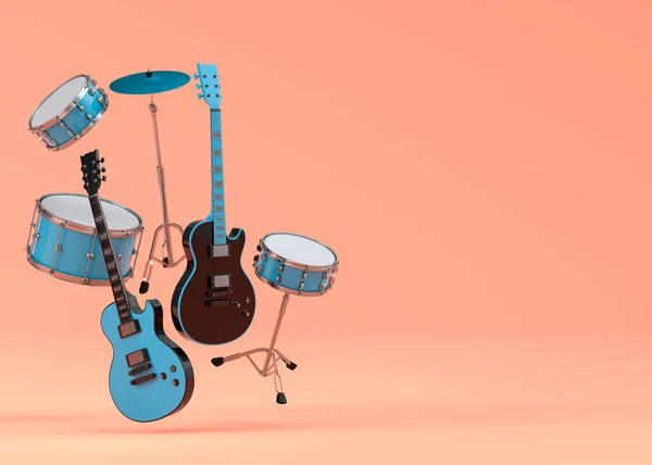 サンゴ礁を背景にメタルシンバル付きのエレクトリックアコースティックギターとドラムのセット ロックフェスティバルポスター用のヘヴィメタルギターで楽器 ドラムマシン ドラムセットの3Dレンダリング — ストック写真