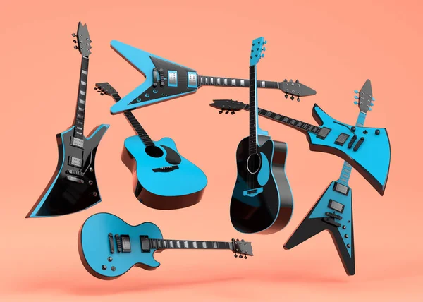 Conjunto Guitarras Acústicas Eléctricas Aisladas Sobre Fondo Coral Render Concept — Foto de Stock