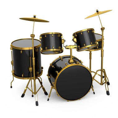Beyaz arka planda metal zilleri olan gerçekçi davullar. 3D render müzik perküsyon enstrümanı, davul makinesi ve bateri seti