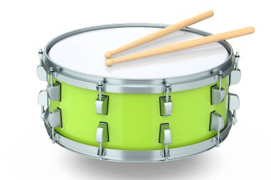 Gerçekçi davul ve tahta bagetler beyaz arka planda. 3D render müzik aleti, davul makinesi konsepti.