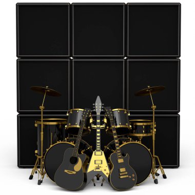 Metal zilli, bateri seti, amplifikatör ve akustik gitarlı gerçekçi davullar. 3D render müzik perküsyon enstrümanı, davul makinesi ve bateri seti