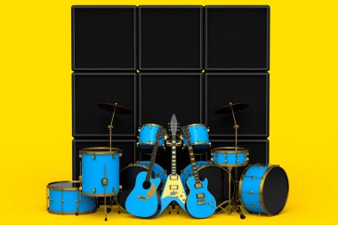Sarı arka planda metal zilleri, bateri setleri, amplifikatörleri ve akustik gitarları olan gerçekçi davullar. 3D render müzik perküsyon enstrümanı, davul makinesi ve bateri seti