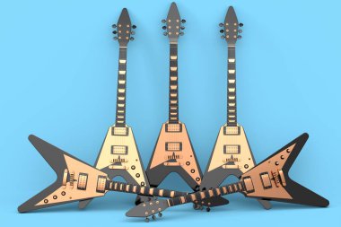 Mavi arka planda izole edilmiş elektro akustik gitar seti. Müzik dükkanı için heavy metal gitarlı 3D rock festivali posteri.