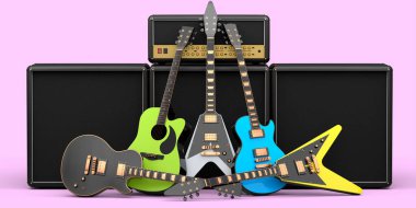 Pembe arka planda elektrikli akustik gitar ve amplifikatör seti. Müzik dükkanı için heavy metal gitarlı 3D rock festivali posteri.