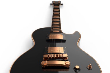 Yakın plan elektirikli akustik gitar beyaz arka planda izole edilmiş. Müzik dükkanı için heavy metal gitarlı 3D rock festivali posteri.