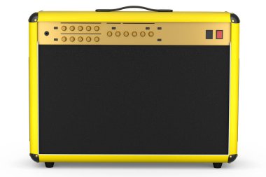 Beyaz zemin üzerinde klasik elektrik ve akustik gitar amplifikatörü izole edildi. Stüdyo veya prova odasında bas gitar kaydetmek için 3D yükseltici