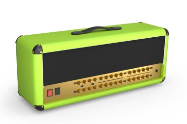 Beyaz zemin üzerinde klasik elektrik ve akustik gitar amplifikatörü izole edildi. Stüdyo veya prova odasında bas gitar kaydetmek için 3D yükseltici
