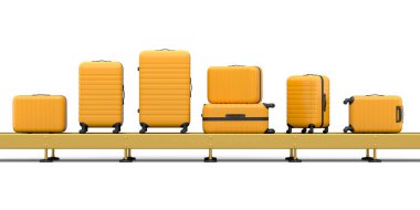 Havaalanı bagaj taşıma bandı, üretim hattı ya da bavulları beyaz arka planda olan bagaj teslim alanı. Seyahat tatil konseptinin 3D sunucusu.