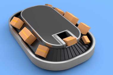 Havaalanı valiz taşıma bandı ya da karton kutuları ya da mavi arka planda karton kutuları olan bagaj teslim yeri. 3D seyahat konsepti, havaalanı veya depo hizmeti