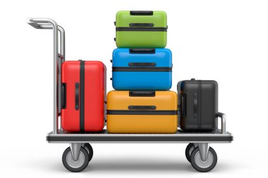 Beyaz arka planda bagaj taşımak için otel vagonunda normal polikarbonat bavulu. 3D seyahat konsepti. Tatil ve bagaj taşımacılığı.