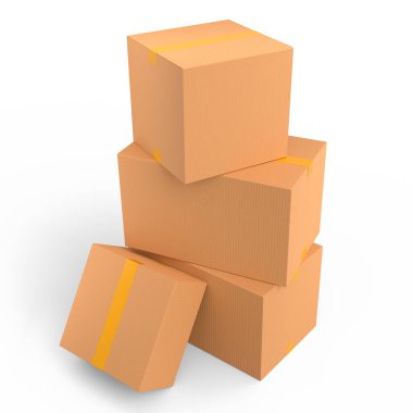 Beyaz arka planda izole edilmiş karton kutular ya da karton hediye kutusu. 3D ekspres teslimat kavramı depo, paket taşımak ve çevrimiçi alışveriş