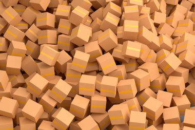 Beyaz arka planda izole edilmiş bir yığın karton kutu ya da hediye kutusu. 3D ekspres teslimat kavramı depo, paket taşımak ve çevrimiçi alışveriş