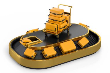 Havaalanı valiz taşıma bandı ya da beyaz arka planda bavulları olan bagaj teslim alanı. Seyahat tatil konseptinin 3D sunucusu.