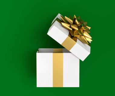 Kurdeleli hediye kutuları ve yeşil arka planda uçan ve düşen yay. 3D karşılama tasarımı konsepti: Doğum günü, Mutlu Noeller, Kara Cuma, Yeni Yıl