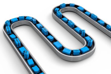 Havaalanı valiz taşıma bandı ya da beyaz arka planda bavulları olan bagaj teslim alanı. Seyahat tatil konseptinin 3D sunucusu.