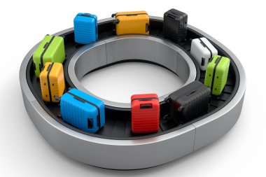 Havaalanı valiz taşıma bandı ya da beyaz arka planda bavulları olan bagaj teslim alanı. Seyahat tatil konseptinin 3D sunucusu.