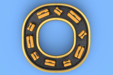 Havaalanı valiz taşıma bandı ya da bavulları mavi arka planda olan bagaj teslim alanı. Seyahat tatil konseptinin 3D sunucusu.