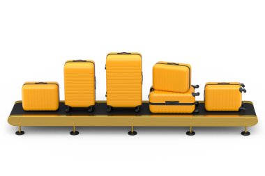 Havaalanı bagaj taşıma bandı, üretim hattı ya da bavulları beyaz arka planda olan bagaj teslim alanı. Seyahat tatil konseptinin 3D sunucusu.