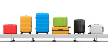 Havaalanı bagaj taşıma bandı, üretim hattı ya da bavulları beyaz arka planda olan bagaj teslim alanı. Seyahat tatil konseptinin 3D sunucusu.