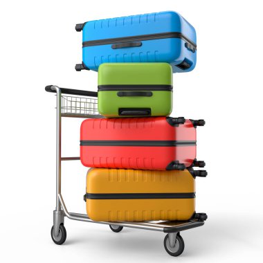 Beyaz arka planda bagaj taşımak için otel vagonunda normal polikarbonat bavulu. 3D seyahat konsepti. Tatil ve bagaj taşımacılığı.