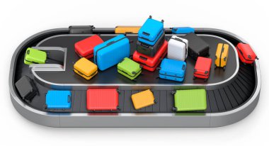 Havaalanı valiz taşıma bandı ya da beyaz arka planda bavulları olan bagaj teslim alanı. Seyahat tatil konseptinin 3D sunucusu.