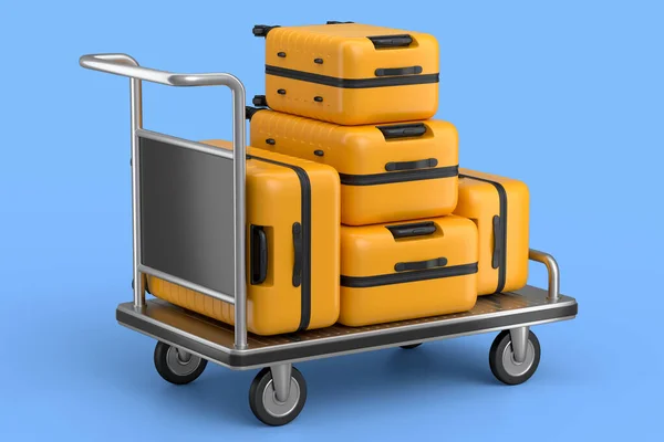 青い背景に荷物を運ぶためのホテルのトロリーカート上の通常のポリカーボネートスーツケース 休暇や荷物輸送にホテルサービスの3Dレンダリング旅行コンセプト — ストック写真